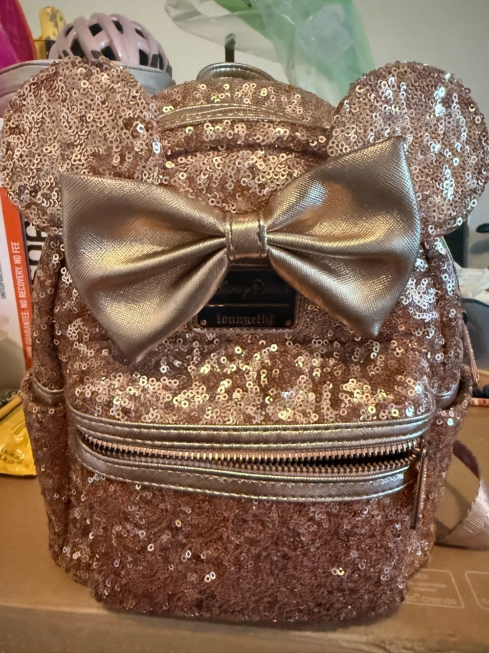 Loungefly Metallic Rose Gold Sequin Mini Backpack with Bow Accent